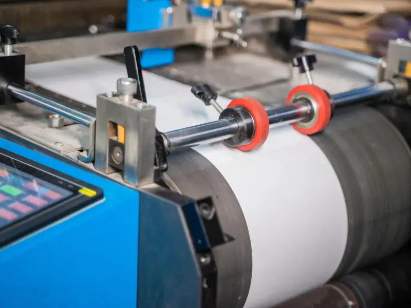 Eine Papierrolle auf einer Druckmaschine