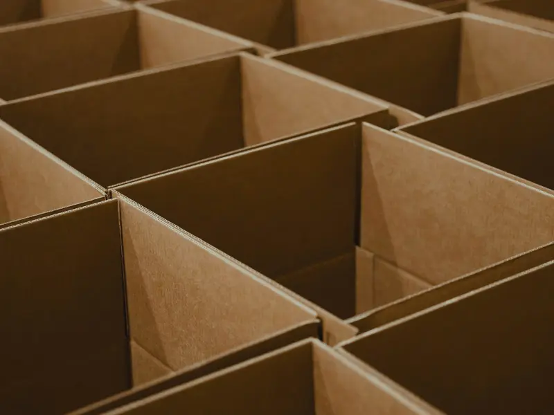 Open corrugated cardboard boxes lined up in rows
